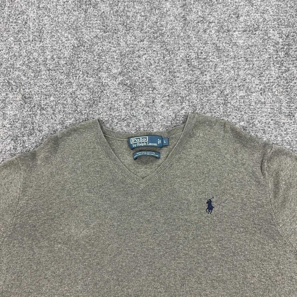 Polo By Ralph Lauren Sweater Mens Large Gray V Neck Pima Cotton Knit Pullover